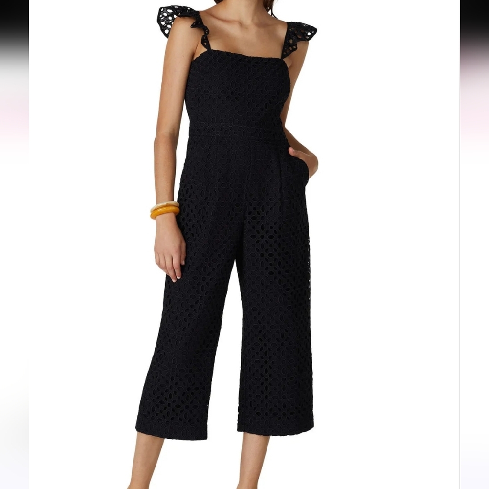 J.CREW Kasana Eyelet Jumpsuit Black Ruffle Strap Wide Leg Size 00 Cropped